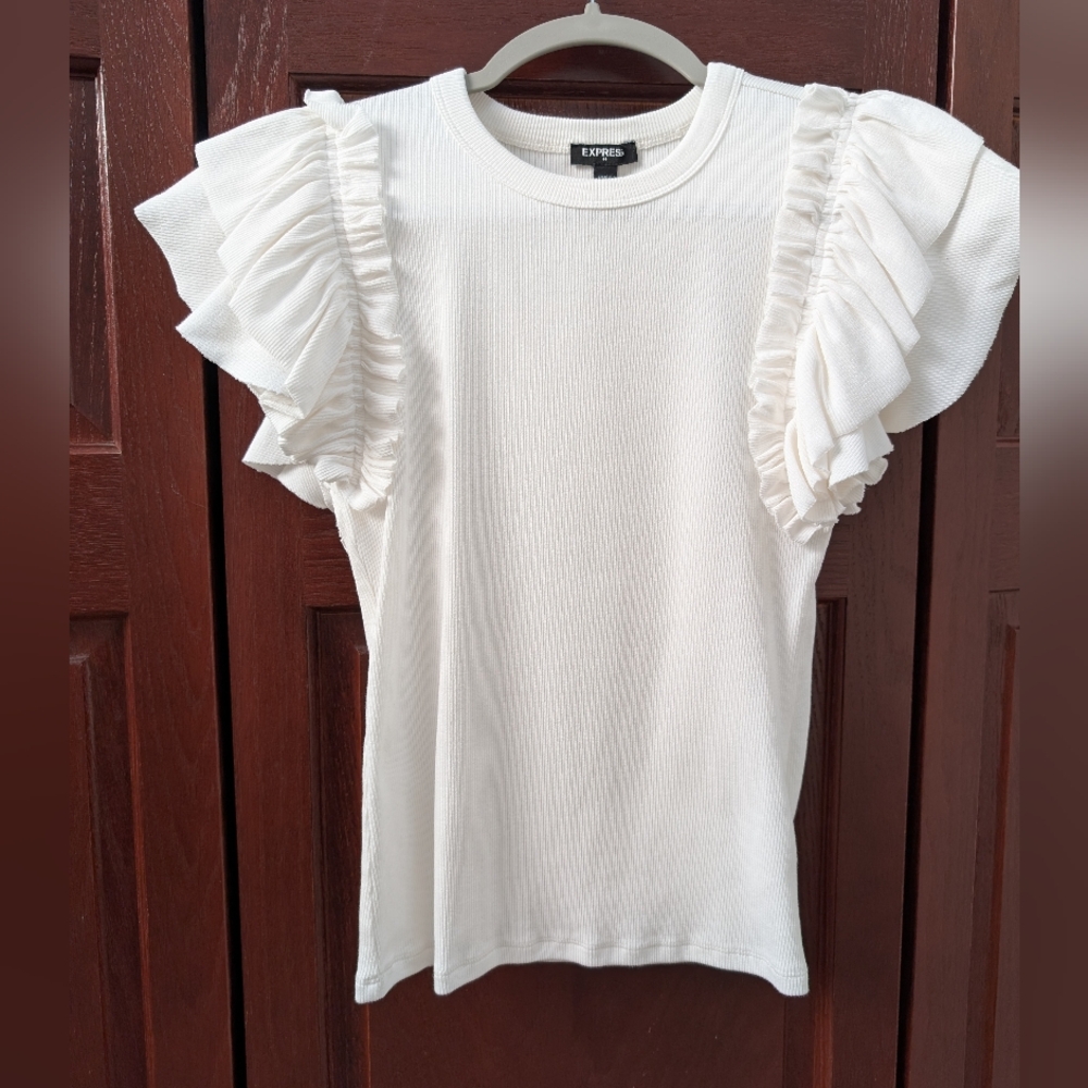 Express Ribbed White Ruffle Sleeve Women's Top